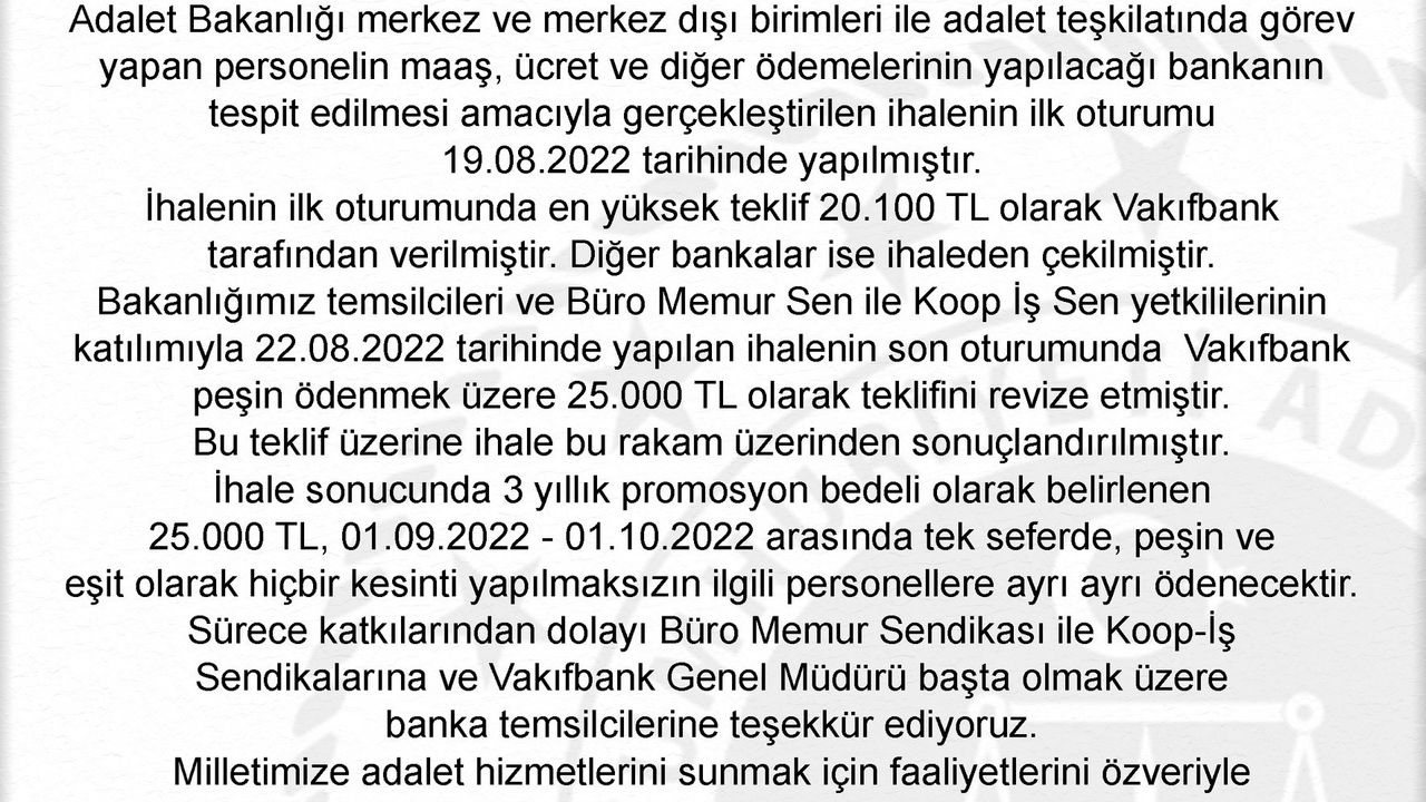 Adalet Bakanlığı Personeline 25 bin lira Promosyon