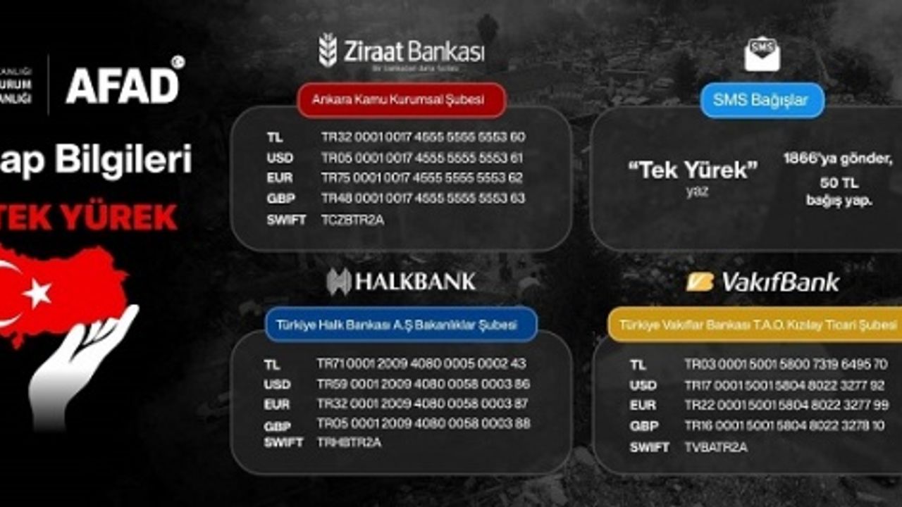 TÜRKİYE TEK YÜREK YARDIM KAMPANYASI BAĞIŞ HESABI NUMARALARI